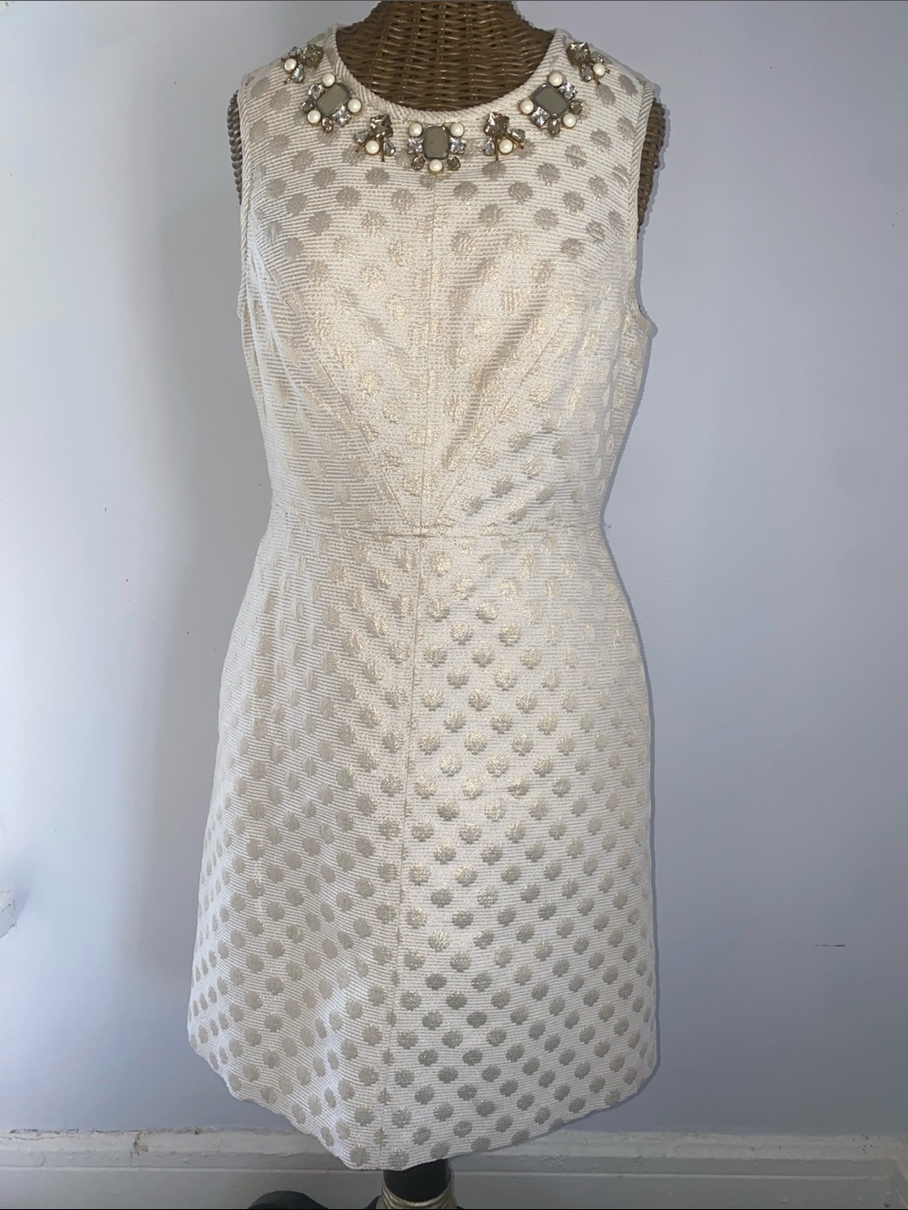 Eliza J Cream Embellished Neck Textured Mini Dress